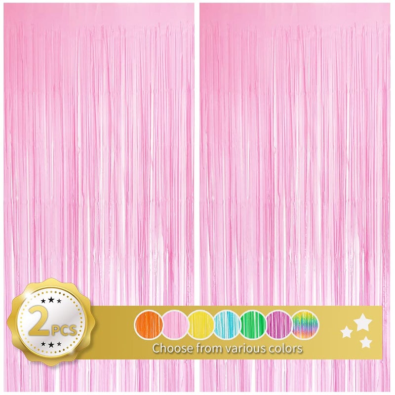 BEISHIDA 2 Pack Pink Tinsel Foil Fringe Curtains Light Macaron Metallic Curtain Photo Backdrop for Wedding Party Birthday Stage Bridal Shower Decor(3.28 ft x 6.56 ft) - Image 1